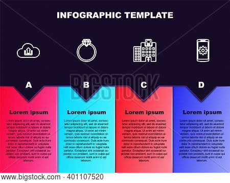 Set Line Cloud Upload, Diamond Engagement Ring, Dental Clinic And Setting Smartphone. Business Infog