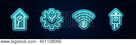 Set Line Retro Wall Watch, Time Management, Wifi Locked And . Glowing Neon Icon. Vector