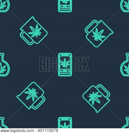 Set Line Online Buying Marijuana, Cup Tea With And Test Tube On Seamless Pattern. Vector