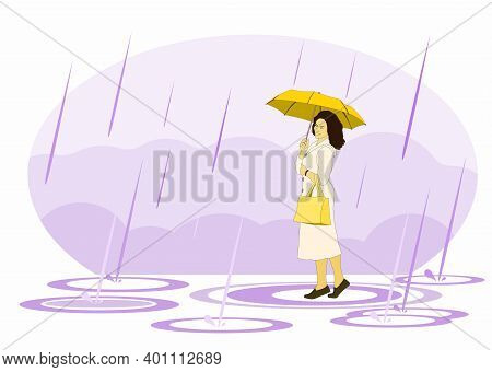 Beautiful Woman With An Umbrella Stepping Through The Puddles In The Pouring Rain. Vector Flat Illus