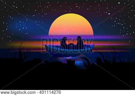 Romantic Silhouette Of Loving Couple At Sunset In A Boat. Valentines Day. Happy Lovers. Beautiful Vi