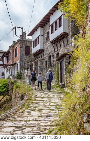 Makrinitsa, Greece - May 03, 2019: Tourists Walking In The Street In Makrinitsa Village Of Pelion, G