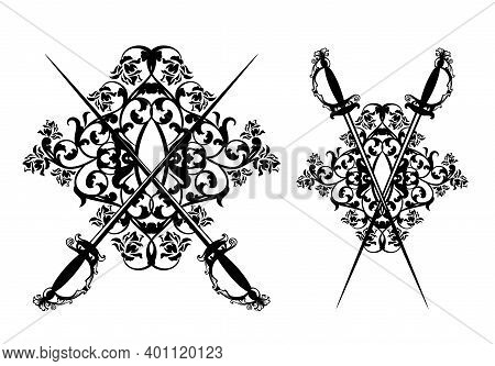 Elegant Crossed Court Swords With Rose Flowers Heraldic Decor Black And White Vector Design Set