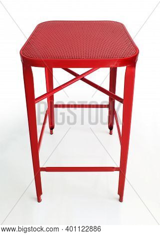 Aerial View Of Red Metal Leg Stool Isolated On White Background. Square High Chair Ideal For Hotels,