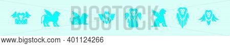 Set Of Winged Lion Cartoon Icon Design Template With Various Models. Modern Vector Illustration Isol