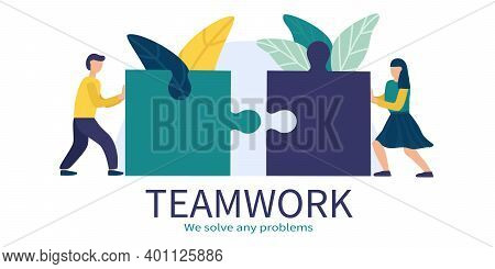 People Connect The Parts Of The Puzzle. Business Concept Of Teamwork. Successful Cooperation And Par