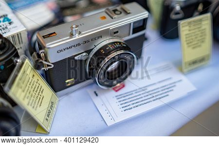 August 18, 2018 Moscow, Russia. Rangefinder Camera Olympus 35 Ecr On A Shop Counter.