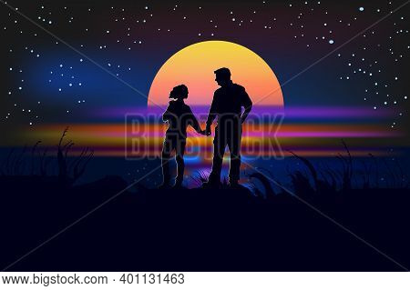 Romantic Silhouette Of Loving Couple At Sunset. Valentines Day. Happy Lovers. Beautiful View Sea At 