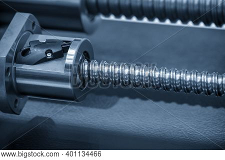 The Close-up Scene Of Lead Ball Screw Assembly Spare Part. The Hi-precision Manufacturing Concept.