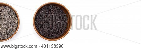 Green And Black Tea Leaves In Brown Plates , Japanese Tea , Sencha, Ryokucha. Place For Text. Copy S