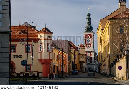 Narrow Picturesque Street With Colorful Buildings In Old Historic Center Of Medieval Royal Town Slan