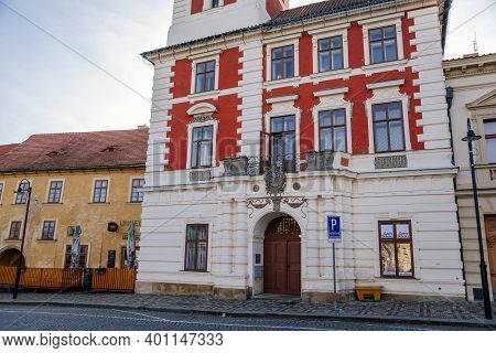 Old Town Hall At The Main Masaryk Square Of Historic Medieval Royal Town Slany, Colorful Renaissance