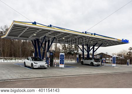 Rutesheim, Germany - December 27, 2020: The Newly Opened Electric Vehicle Charging Station Operated 