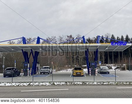 Rutesheim, Germany - December 27, 2020: The Newly Opened Electric Vehicle Charging Station Operated 