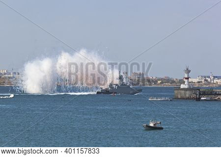 Sevastopol, Crimea, Russia - July 26, 2020: Shooting Of Heat Traps By A Small Missile Ship Orekhovo-