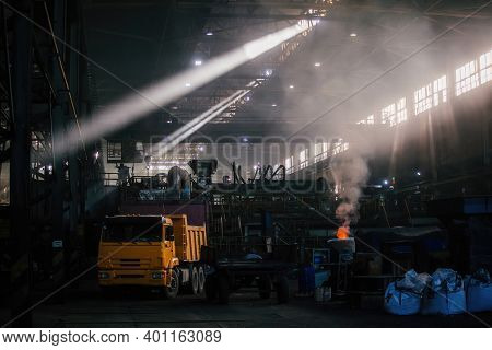 Metallurgical Factory Interior. Industrial Manufacturing. Steel Production Plant