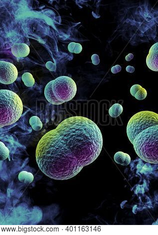 Microscope Close Up Of Meningitis Bacteria, Also Known As Meningococcus 3d Illustration