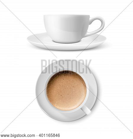 Vector 3d Realistic White Porcelain Ceramic Mug Empty And With Milk Coffee And Foam Set Isolated On 