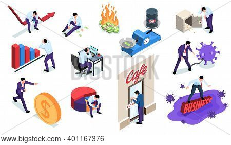 Isometric World Financial Crisis Set With Isolated Human Characters Of Business People Money And Inf