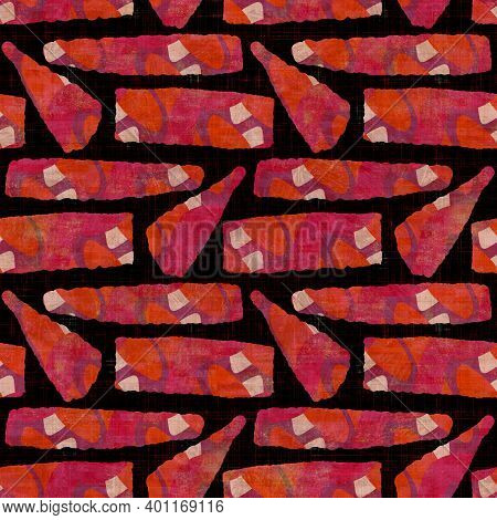 Seamless Dark Geometric Block Print Background. Boho Ethnic Soft Furnishing Fabric Style. Tie Dye Pa