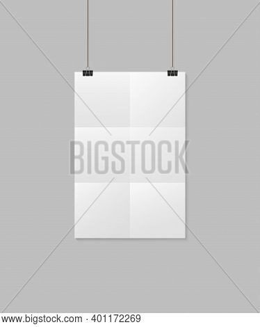Mockup Of Paper Sheet With Folds. White Poster With Rope And Clip. Vertical Blank Mock Up A4 With Sh
