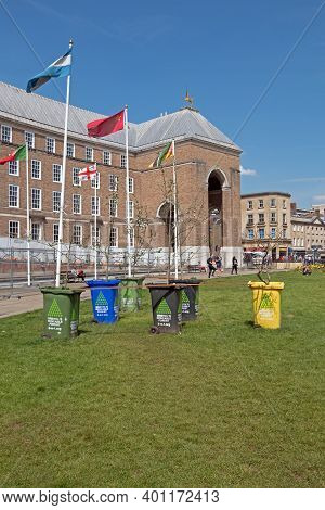 Bristol, Uk - May 8, 2018: Bristol's Moveable Forest, A Pop-up Forest Housed In Wheelie Bins Set Up 