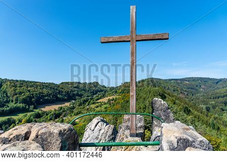 Lookout Point With Wooden Cross Above Vranov Castle Ruins. Landscape With Sandstone Rock Formations 