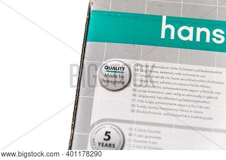 Paris, France - Sep 4, 2020: Quality Made By Hansgrohe Signage On The Paper Cardboard Of A Shower He