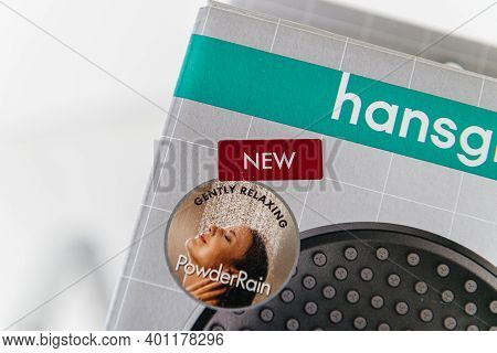 Paris, France - Sep 4, 2020: Close-up Macro Photo Of Hansgrohe Shower Head With New Relaxing Powder 