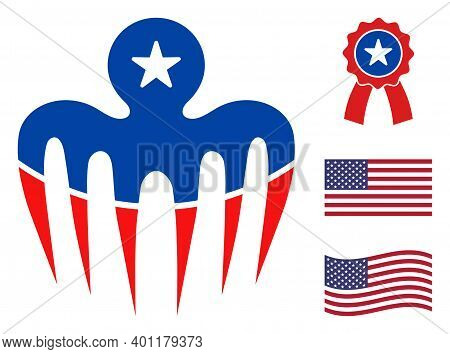 Terrible Octopus Icon In Blue And Red Colors With Stars. Terrible Octopus Illustration Style Uses Am