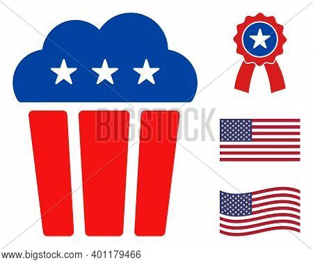 Popcorn Icon In Blue And Red Colors With Stars. Popcorn Illustration Style Uses American Official Co