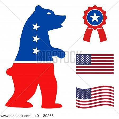 Standing Bear Icon In Blue And Red Colors With Stars. Standing Bear Illustration Style Uses American