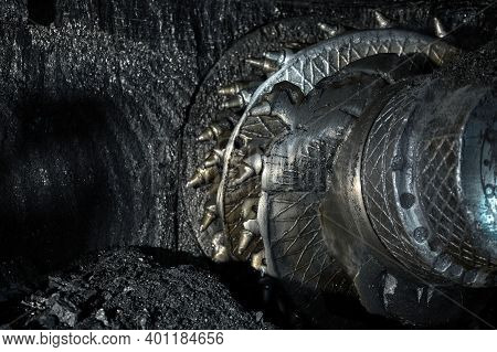 Shearer Drill Head In A Coal Mine. Extraction Of Coal By Underground Method.