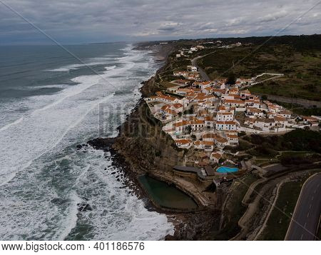 Aerial Panoramic View Of Seaside Town Azenhas Do Mar At Cliff Coast Beach Atlantic Ocean In Sintra C