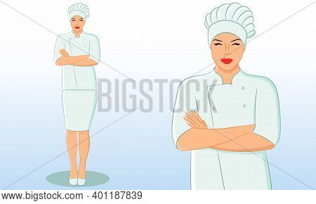 Full Length And Portrait Of Beautiful Smiling Young Woman Chef Or Cook Wearing Chef Hat And Uniform.