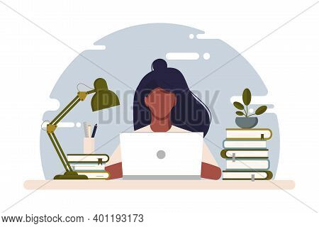 Girl With Laptop Sitting On The Chair. Freelance Or Studying Concept. Work At Home. Vector Stock Ill