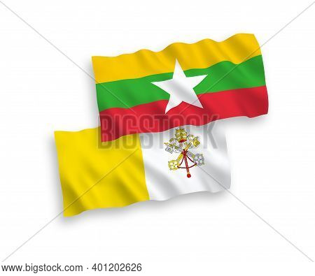 National Fabric Wave Flags Of Vatican And Myanmar Isolated On White Background. 1 To 2 Proportion.