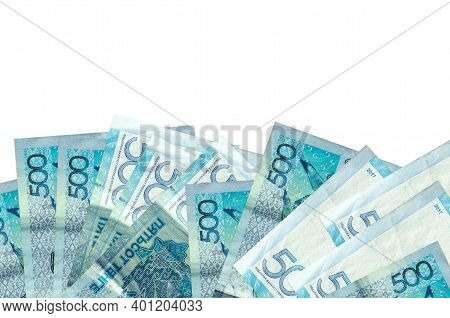 500 Kazakhstani Tenge Bills Lies On Bottom Side Of Screen Isolated On White Background With Copy Spa