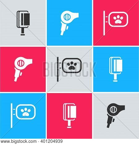 Set Hair Brush For Dog And Cat, Dryer And Pet Grooming Icon. Vector