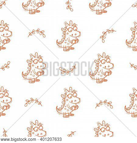 Seamless Pattern With  Cute Cartoon Smart Dragon On White Background. Funny Crocodile Print. Reading