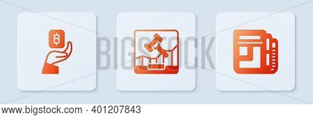 Set Online Internet Auction, Hand Holding Bitcoin And Stock Market News. White Square Button. Vector