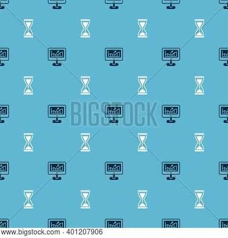 Set Computer With Growth Graph And Old Hourglass On Seamless Pattern. Vector