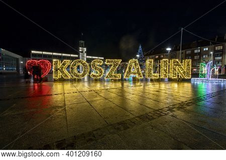 Koszalin, West Pomeranian Voivodeship Poland - December, 26, 2020: Christmas Decorations In The Mark