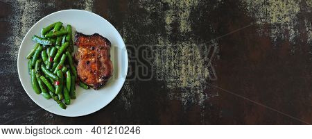 Green Peas With Meat Steak On A Plate. Keto Diet. Paleo Diet. Pegan Diet.