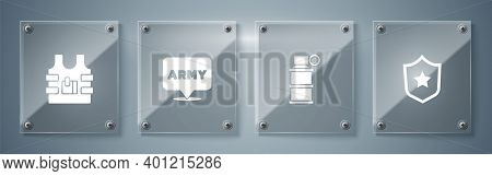 Set Military Reward Medal, Hand Smoke Grenade, Army And Bulletproof Vest. Square Glass Panels. Vecto