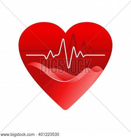 Cardiology Logo Template - Heart Care With Wavy Shapes And Pulse Line - Isolated Vector Icom