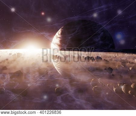 Planet Saturn Or Jupiter Close-up With Rocks Ring And Sun In Haze, 3d Illustration