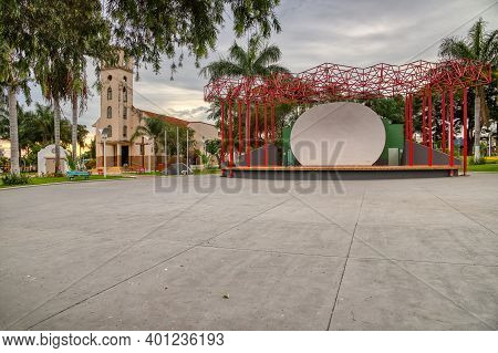 Cassilandia, Mato Grosso Do Sul, Brazil - 12 21 2020: Sao Jose Square Events Stage In The Center Of 