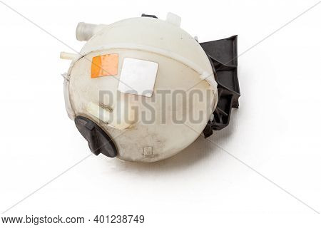 Coolant Expansion Tank White On An Isolated Background With Black Details. A Unit Of A Liquid Coolin