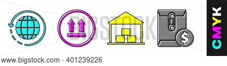 Set Worldwide Shipping And Box, This Side Up, Warehouse And Envelope With Dollar Symbol Icon. Vector